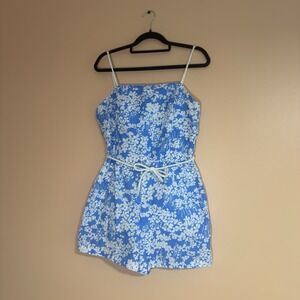 Sea Waves VTG Blue Floral Romper Playsuit Swimsuit Size 14 Medium